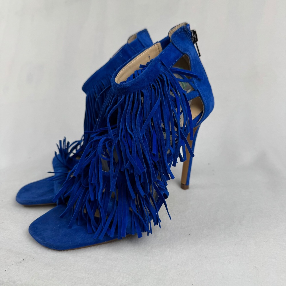 Steve Madden Fringly Blue Suede Leather Fringe‎ Heels Stiletto Women Sz 6.5M